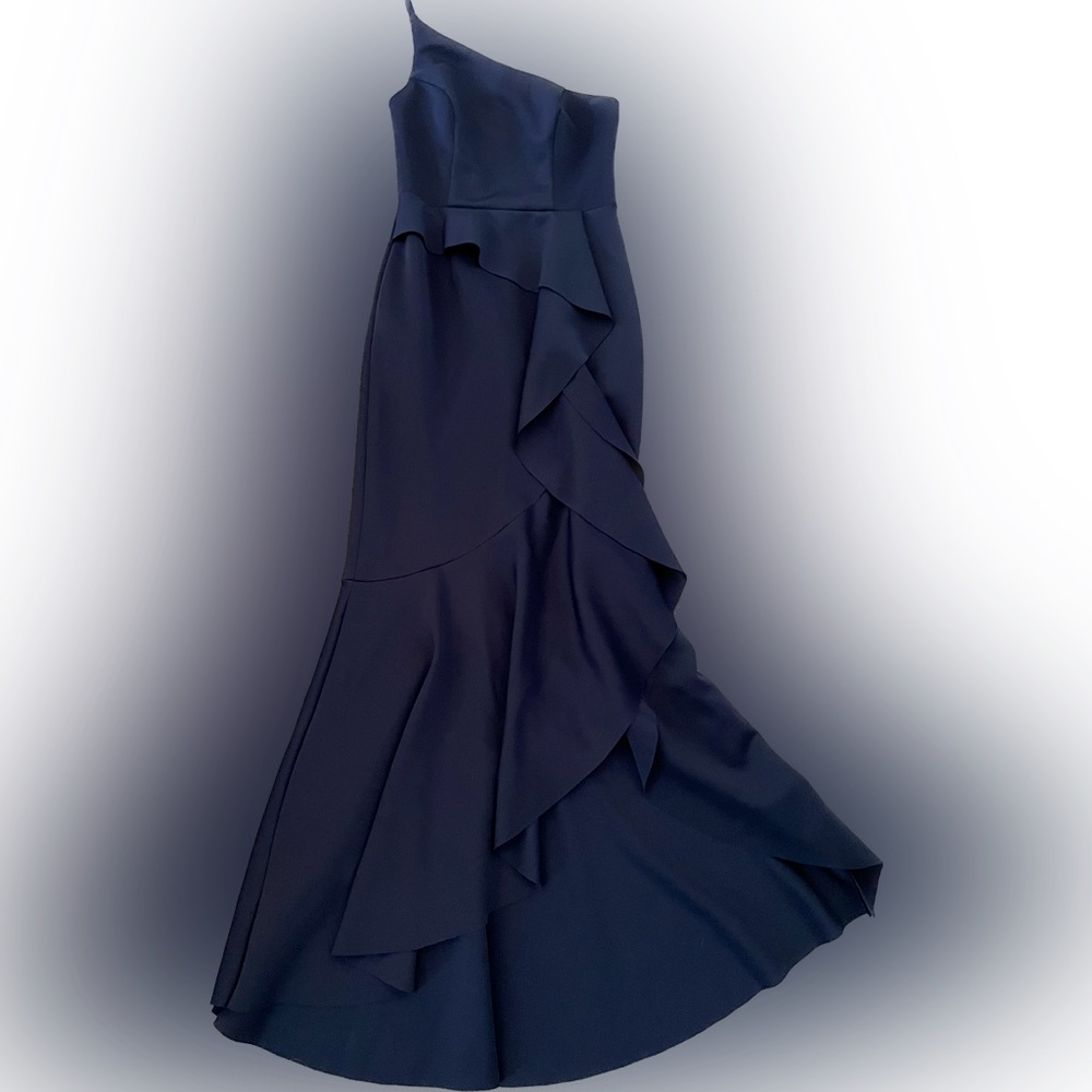 One-Shoulder Draped Peplum Gown Navy Blue Size 6 Xscape